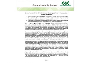 Acuerdo del Cenace atenta contra operaciones e inversiones en energías renovables