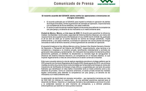 Acuerdo del Cenace atenta contra operaciones e inversiones en energías renovables