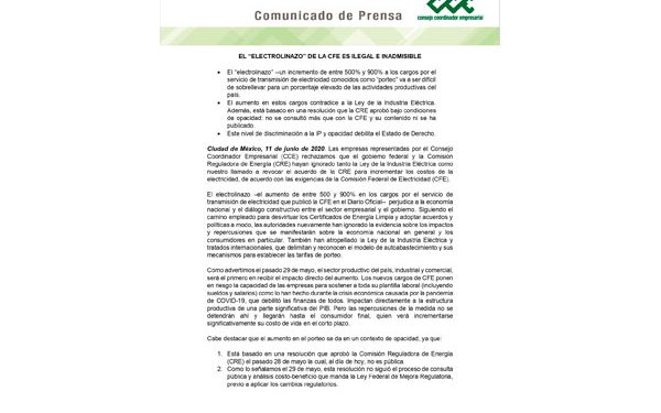 El CCE acusa de “ilegal e inadmisible” el aumento a las tarifas de CFE